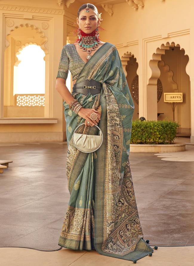 Silk Teal Wedding Wear Embroidery Work Saree